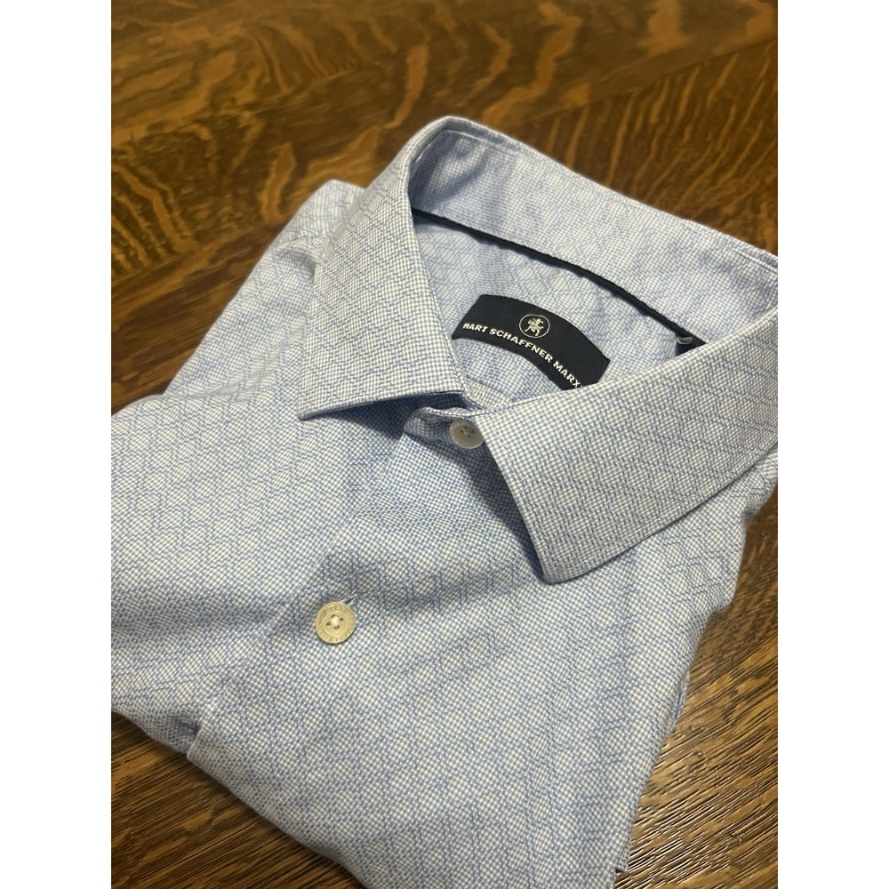 Hart Schaffner Marx Mens L Light Blue Diamond Pattern Cotton Dress Shirt